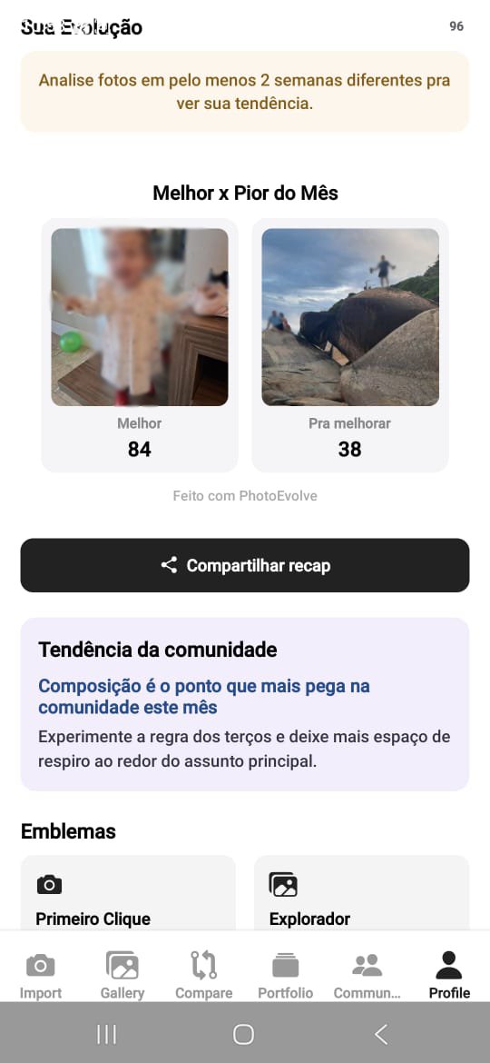 PhotoEvolve — Monthly progress, trends and badges (App screen 4 of 4)