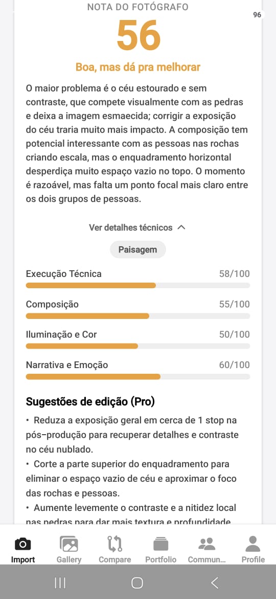 PhotoEvolve — Scoring criteria and editing suggestions (App screen 2 of 4)
