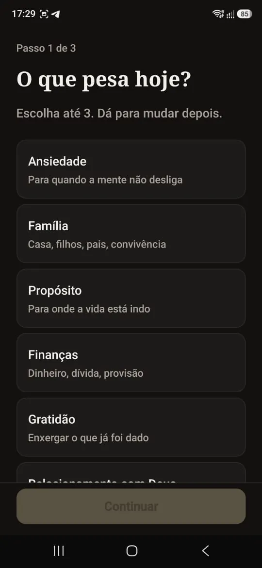 Alva Devocional — Choosing a theme (App screen 2 of 4)